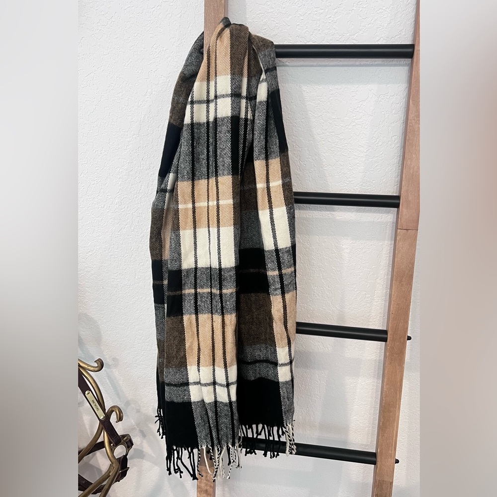 Plaid Wool Scarf with Fringe
